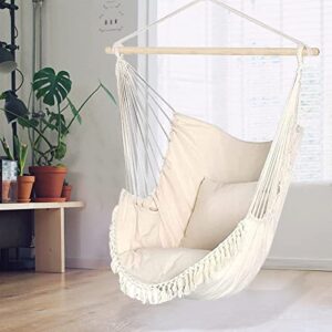 large hammock chair swing, adults hanging swing rope hammock for outside indoor bedroom – 2 cotton cushions included – large swing chair for white hammock swing chair hammock swing chair