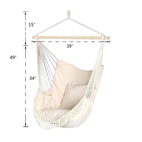 Large Hammock Chair Swing, Adults Hanging Swing Rope Hammock for Outside Indoor Bedroom - 2 Cotton Cushions Included - Large Swing Chair for White Hammock Swing Chair Hammock Swing Chair
