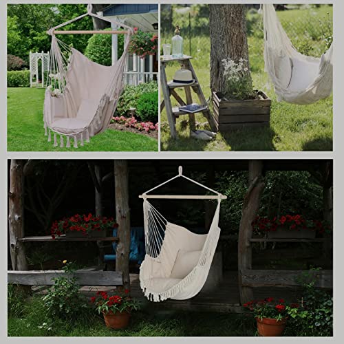 Large Hammock Chair Swing, Adults Hanging Swing Rope Hammock for Outside Indoor Bedroom - 2 Cotton Cushions Included - Large Swing Chair for White Hammock Swing Chair Hammock Swing Chair