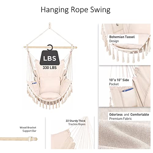 Large Hammock Chair Swing, Adults Hanging Swing Rope Hammock for Outside Indoor Bedroom - 2 Cotton Cushions Included - Large Swing Chair for White Hammock Swing Chair Hammock Swing Chair