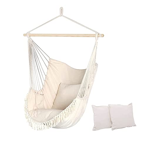 Large Hammock Chair Swing, Adults Hanging Swing Rope Hammock for Outside Indoor Bedroom - 2 Cotton Cushions Included - Large Swing Chair for White Hammock Swing Chair Hammock Swing Chair