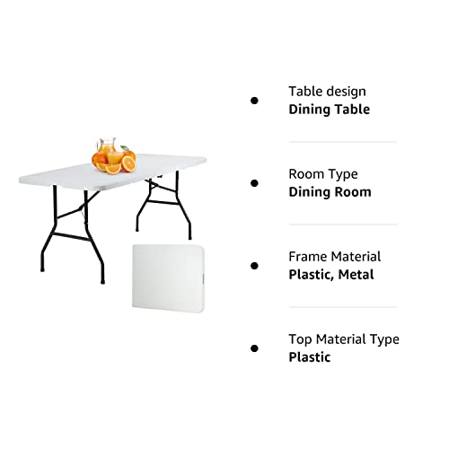 6FT Outdoor Dining Table Plastic Party Table Folding Table Picnic Camping Table for Parties Wedding BBQ Camping Dining Kitchen with Carrying Handle