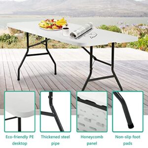 6FT Outdoor Dining Table Plastic Party Table Folding Table Picnic Camping Table for Parties Wedding BBQ Camping Dining Kitchen with Carrying Handle