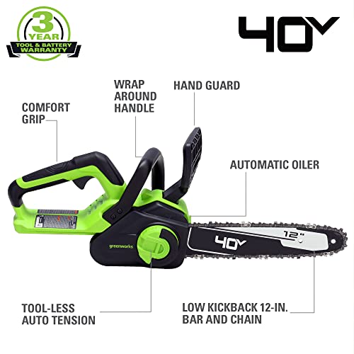 Greenworks 40V 12" Chainsaw, 2.0Ah Battery and Charger Included (Gen 2)