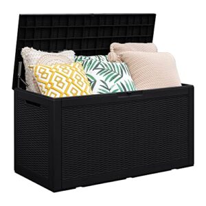 rankok 100 gallon resin deck box outdoor waterproof storage box for patio furniture outdoor cushions throw pillows garden tools and pool toys with handles (black)