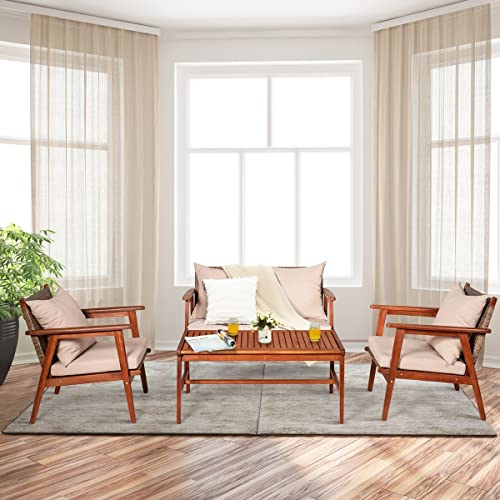 LIRUXUN 8PCS Patio Rattan Furniture Set Acacia Wood Frame Cushioned Sofa Chair Garden Coffee Table