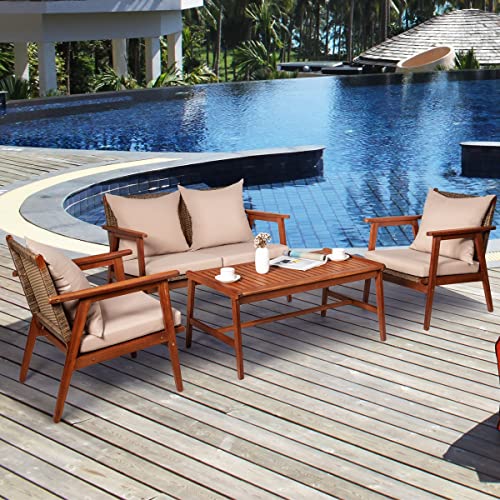 LIRUXUN 8PCS Patio Rattan Furniture Set Acacia Wood Frame Cushioned Sofa Chair Garden Coffee Table