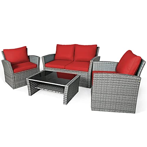 LIRUXUN 4PCS Patio Rattan Furniture Set Sofa Table W/Storage Shelf Turquoise/Red/Gray Loveseat Coffee Table (Color : E)