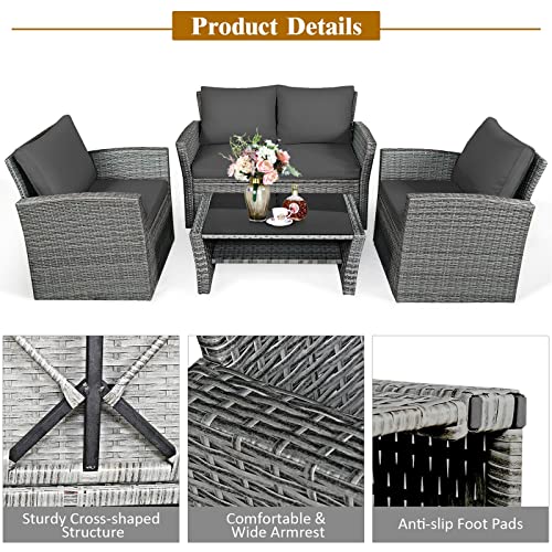 LIRUXUN 4PCS Patio Rattan Furniture Set Sofa Table W/Storage Shelf Turquoise/Red/Gray Loveseat Coffee Table (Color : E)