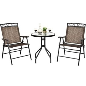 liruxun 3 pcs bistro conversation patio pub dining set w/ 2 folding chairs & glass table round table