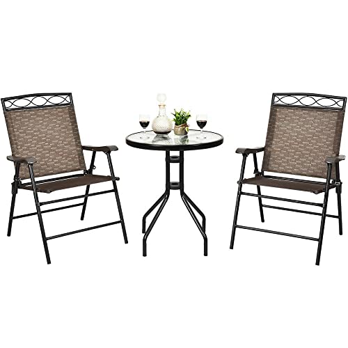 LIRUXUN 3 PCS Bistro Conversation Patio Pub Dining Set W/ 2 Folding Chairs & Glass Table Round Table