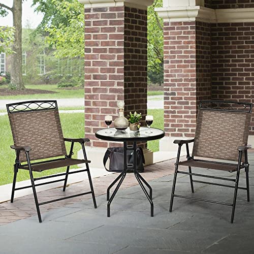 LIRUXUN 3 PCS Bistro Conversation Patio Pub Dining Set W/ 2 Folding Chairs & Glass Table Round Table