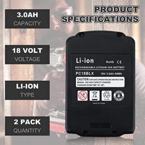 2 Pack Lithium 3.0Ah PC18B Batteries Replacement for Porter Cable 18V Battery PC18BL PC18BLX PCC489N PC18B-2 Compatible with Porter Cable 18V Power Tools