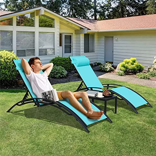 LIRUXUN 3Pcs Sun Lounger Recliner Set Aluminum Chaise Lounges,Reclining Chair with 5 Adjustable Backrest, Head Cushion, Table for Garden