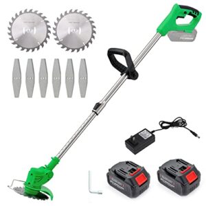 weed wacker cordless electric brush cutter 52 inch grass trimmer stingless lightweight grass weedeater battery powered 8 blades,2 batteries, 1 charger used for dense weeds and garden yard trimming