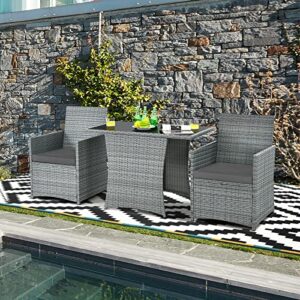 LIRUXUN 3PCS Patio Rattan Furniture Set Cushioned Sofa Armrest Garden Gray Coffee Table Chairs