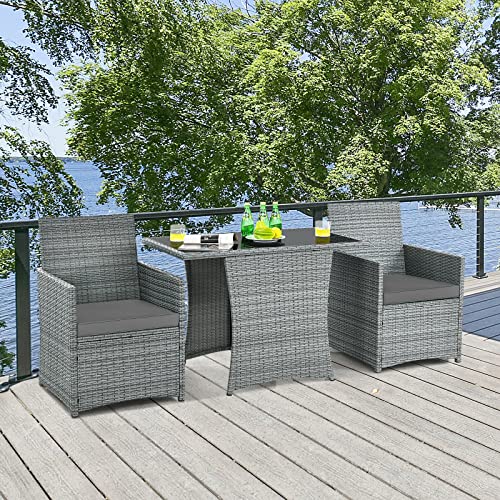 LIRUXUN 3PCS Patio Rattan Furniture Set Cushioned Sofa Armrest Garden Gray Coffee Table Chairs