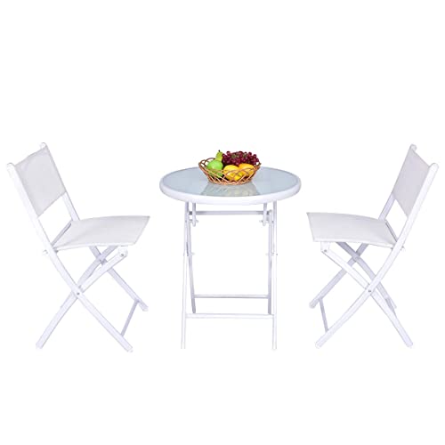 LIRUXUN 3 PCS Folding Bistro Table Chairs Set Garden Backyard Patio Furniture White Loveseat Coffee Table