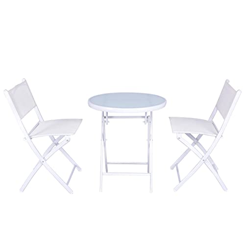 LIRUXUN 3 PCS Folding Bistro Table Chairs Set Garden Backyard Patio Furniture White Loveseat Coffee Table