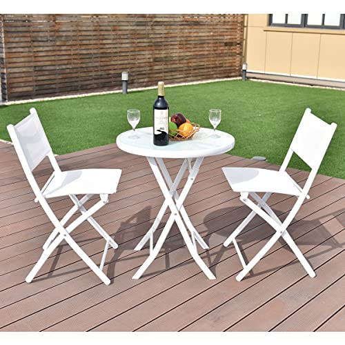 LIRUXUN 3 PCS Folding Bistro Table Chairs Set Garden Backyard Patio Furniture White Loveseat Coffee Table