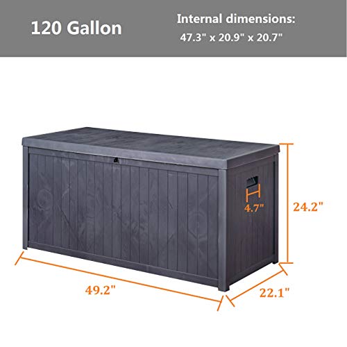 Plastic Deck Storage Container Box - Water-resistant 120 Gallon Outdoor Patio Garden Furniture, Grey, Update for Hydraulic Rods