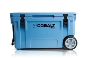 cobalt 55 quart roto molded super ice cooler | large ice chest holds ice up to 5 days | (cobalt blue (wheeled))