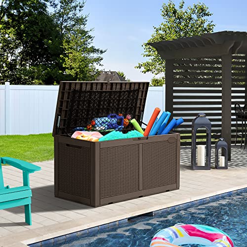 YITAHOME 100 Gallon Large Deck Box w/Storage Net, Resin Outdoor Storage Boxes, Waterproof Patio Cushion Storage Bench for Patio Furniture, Pool Supplies, Garden Tools- Rattan,Lockable (Dark Brown)