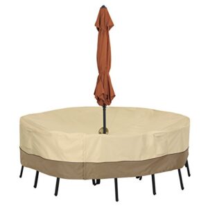 classic accessories 55-461-031501-00 veranda water-resistant 70 inch round patio table & chair set cover with umbrella hole,pebble,medium, outdoor table cover