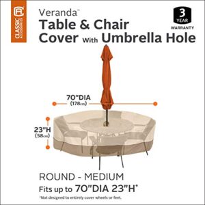 Classic Accessories 55-461-031501-00 Veranda Water-Resistant 70 Inch Round Patio Table & Chair Set Cover with Umbrella Hole,Pebble,Medium, Outdoor Table Cover