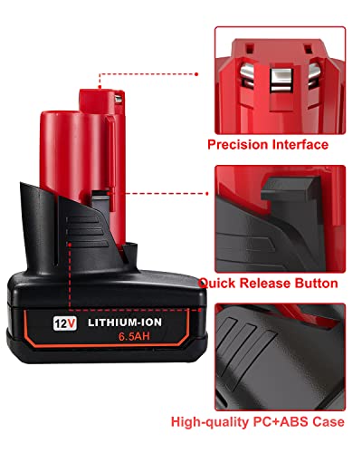 JYJZPB 2 Pack 6.5Ah 12V Battery for Milwaukee M12 Battery 48-11-2401 48-11-2412 48-11-2411 48-11-2420 48-11-2410 12Volt Cordless Tools for Milwaukee M12 Lithium Battery