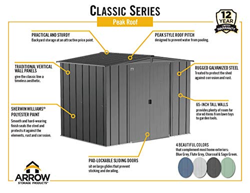 Arrow Classic 8' x 6' Outdoor Padlockable Steel Storage Shed Building, Flute Grey