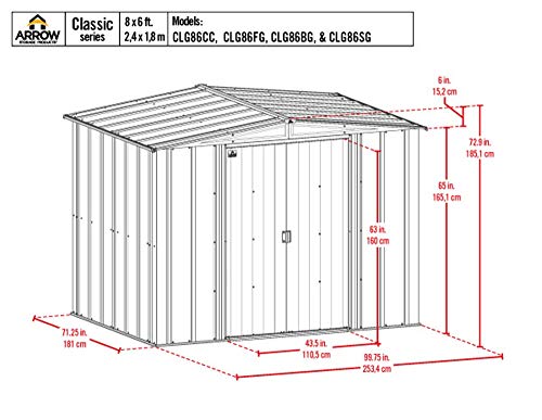 Arrow Classic 8' x 6' Outdoor Padlockable Steel Storage Shed Building, Flute Grey