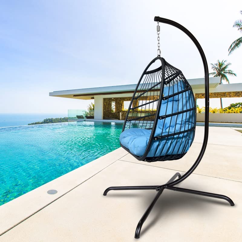 WYKDD Outdoor Indoor Rattan Swing Egg Chair, Folding Hanging Chair with C-Bracket, with Cushion and Pillow