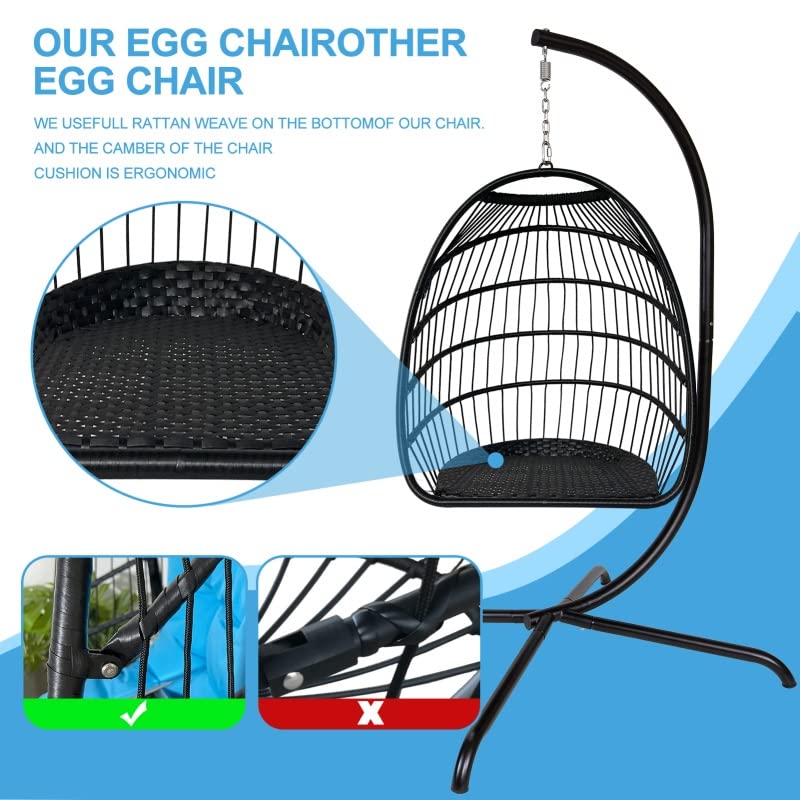 WYKDD Outdoor Indoor Rattan Swing Egg Chair, Folding Hanging Chair with C-Bracket, with Cushion and Pillow