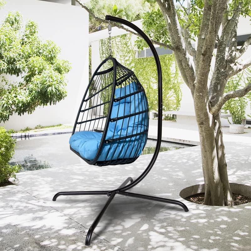 WYKDD Outdoor Indoor Rattan Swing Egg Chair, Folding Hanging Chair with C-Bracket, with Cushion and Pillow