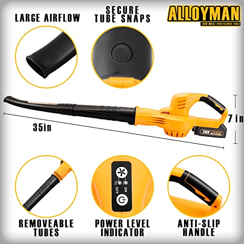 Alloyman Leaf Blower, 20V Cordless Leaf Blower, One-Button Start Leaf Blower Battery Powered, with 2.0Ah Battery & Charger, Electric Leaf Blower for Yard Cleaning/Snow Blowing