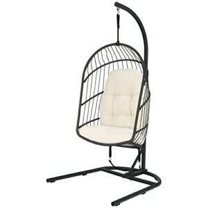 wykdd hanging wicker egg chair w/stand cushion foldable outdoor indoor beige