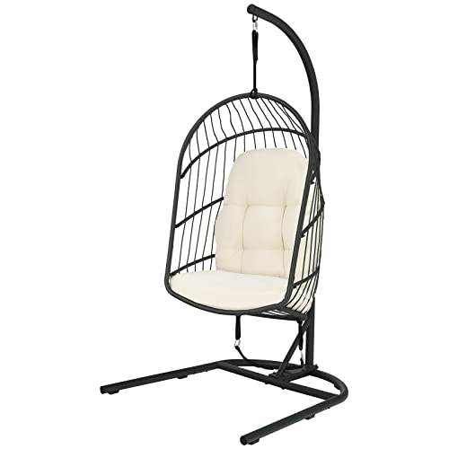 WYKDD Hanging Wicker Egg Chair w/Stand Cushion Foldable Outdoor Indoor Beige