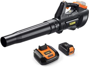 teccpo 40v cordless leaf blower brushless, 420 cfm/110 mph, 2.5ah samsung battery and charger included, fast installation, 5-speed axial blower, for lawn care and snow blowing -tdlb4025a
