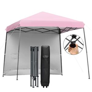 tangkula 10×10 ft pop up canopy tent, 1 person set-up instant shelter with central lock, compact portable canopy with roll-up side wall, roller bag, stakes & wind ropes (pink)