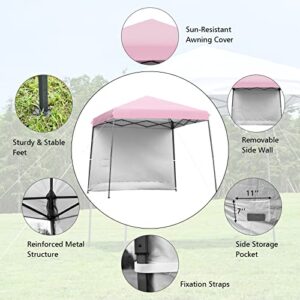 Tangkula 10x10 ft Pop up Canopy Tent, 1 Person Set-up Instant Shelter with Central Lock, Compact Portable Canopy with Roll-up Side Wall, Roller Bag, Stakes & Wind Ropes (Pink)