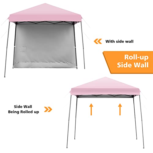 Tangkula 10x10 ft Pop up Canopy Tent, 1 Person Set-up Instant Shelter with Central Lock, Compact Portable Canopy with Roll-up Side Wall, Roller Bag, Stakes & Wind Ropes (Pink)