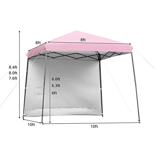 Tangkula 10x10 ft Pop up Canopy Tent, 1 Person Set-up Instant Shelter with Central Lock, Compact Portable Canopy with Roll-up Side Wall, Roller Bag, Stakes & Wind Ropes (Pink)