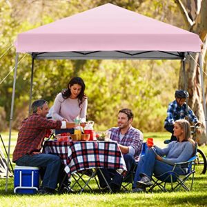 Tangkula 10x10 ft Pop up Canopy Tent, 1 Person Set-up Instant Shelter with Central Lock, Compact Portable Canopy with Roll-up Side Wall, Roller Bag, Stakes & Wind Ropes (Pink)