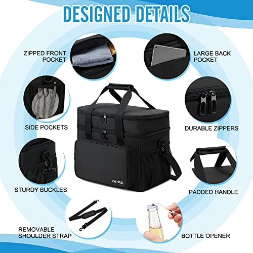 Cooler Bag 60-Can Soft Sided Coolers, Double Deck Insulated Camping Cooler, Leakproof Lunch Cooler, Collapsible Cooler Bag, Portable Large Lunch Bag for Beach, Travel, Camping, Picnic-Black