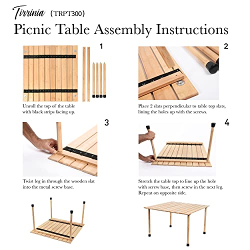 Tirrinia 26x26in Bamboo Picnic Table with Carrying Bag + Free Picnic Pad, Outdoor Portable All-Purpose Table for Concerts, Camping, Beach, Tailgating, Patio, Kitchen, Living Room