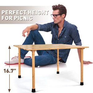 Tirrinia 26x26in Bamboo Picnic Table with Carrying Bag + Free Picnic Pad, Outdoor Portable All-Purpose Table for Concerts, Camping, Beach, Tailgating, Patio, Kitchen, Living Room