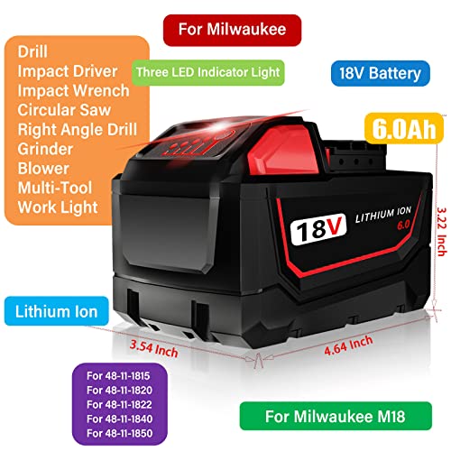 JIALIPOK High Capacity 6.0Ah Replacement for Milwaukee 18V Battery M18 M18B 48-11-1820 48-11-1850 48-11-1828 48-11-10 Lithium-Ion Battery Cordless Power Tools