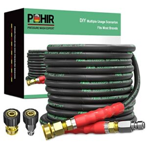 pohir 3/8″ pressure washer hose 50 ft for cold and hot water max 248°f with quick connect, 4800psi kink resistant industry grade steel wire braided synthetic rubber jacket with 2 m22 14mm adapter set