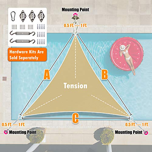 ShadeMart 10' x 10' x 10' Beige Sun Shade Sail Triangle Canopy Fabric Cloth Screen, Water Permeable & UV Resistant, Heavy Duty, Carport Patio Outdoor - (We Customize Size)